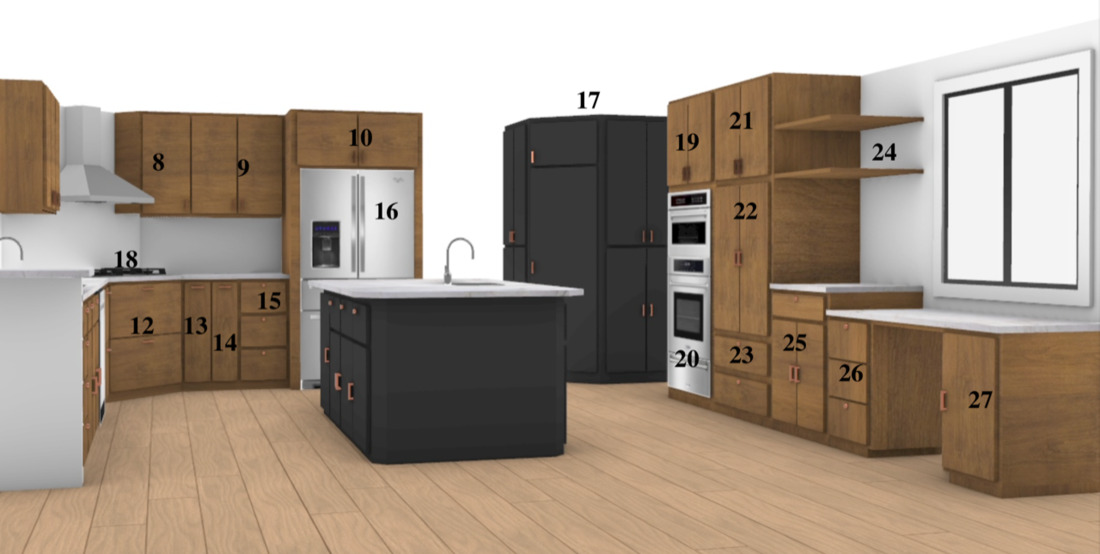 Numbered cabinet elevation reference, Temecula Valley residence kitchen