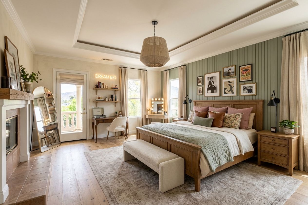 Primary bedroom interior design with custom gallery wall by Temecula Interior Design