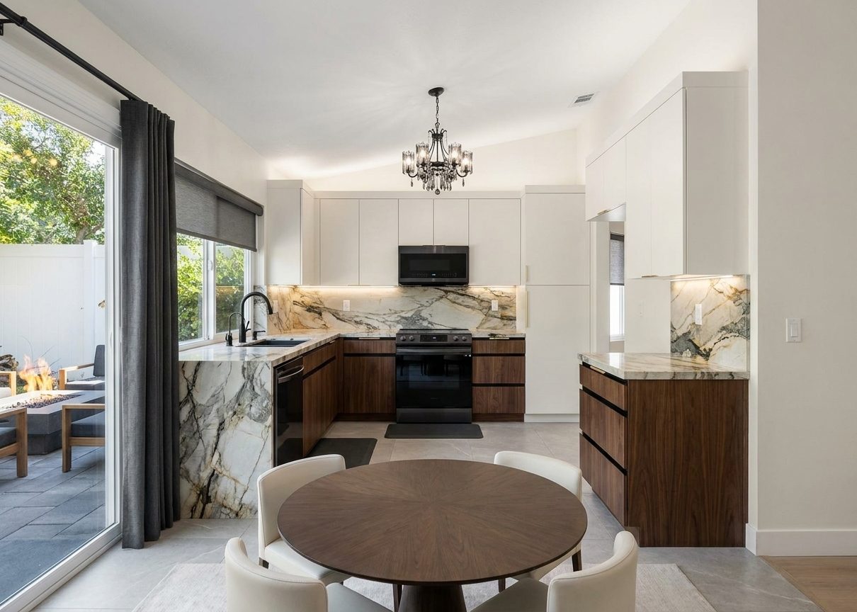 Kitchen after remodel with marble backsplash, walnut cabinetry and dining area