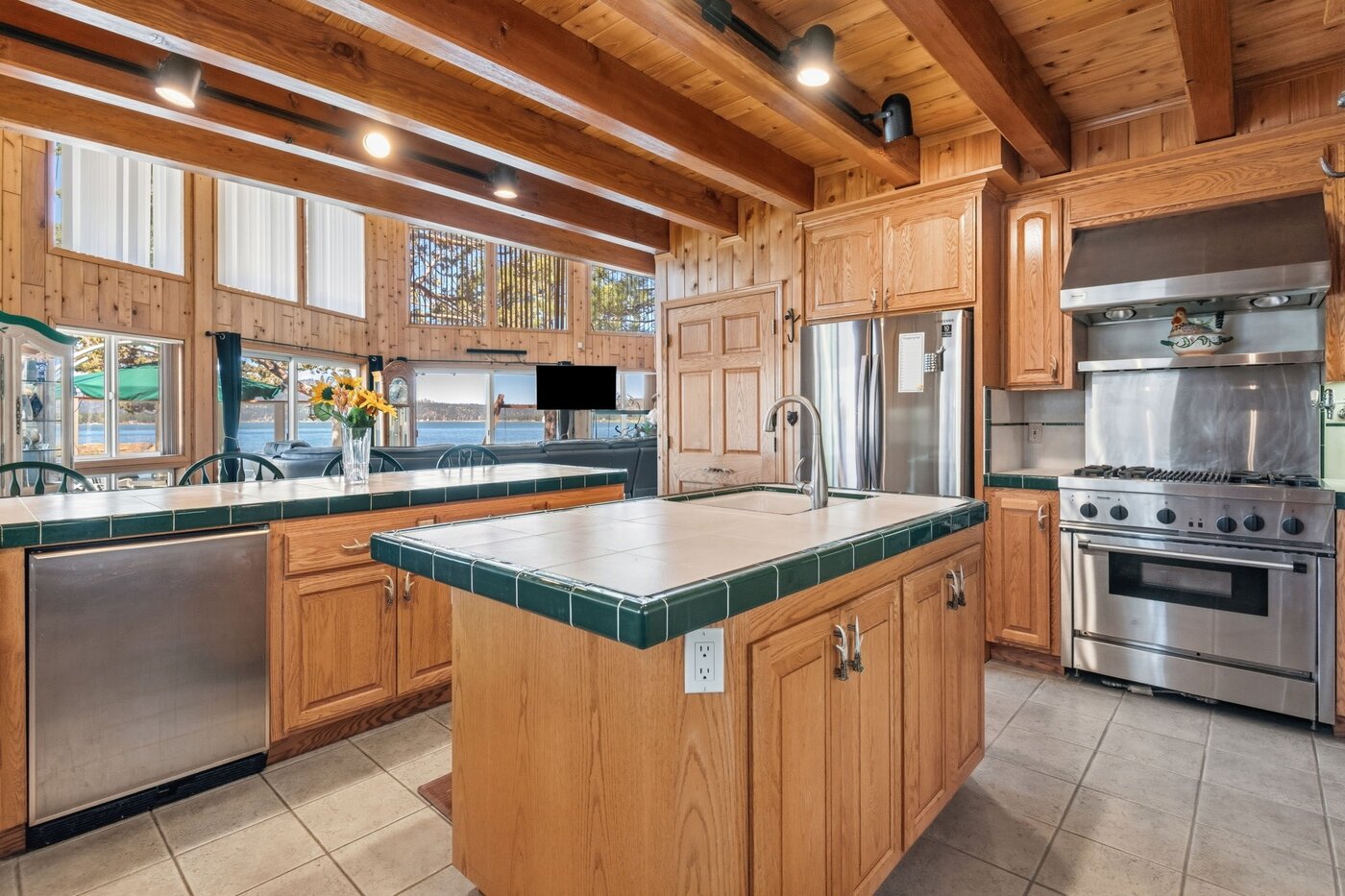 Big Bear cabin kitchen before remodel, lake view