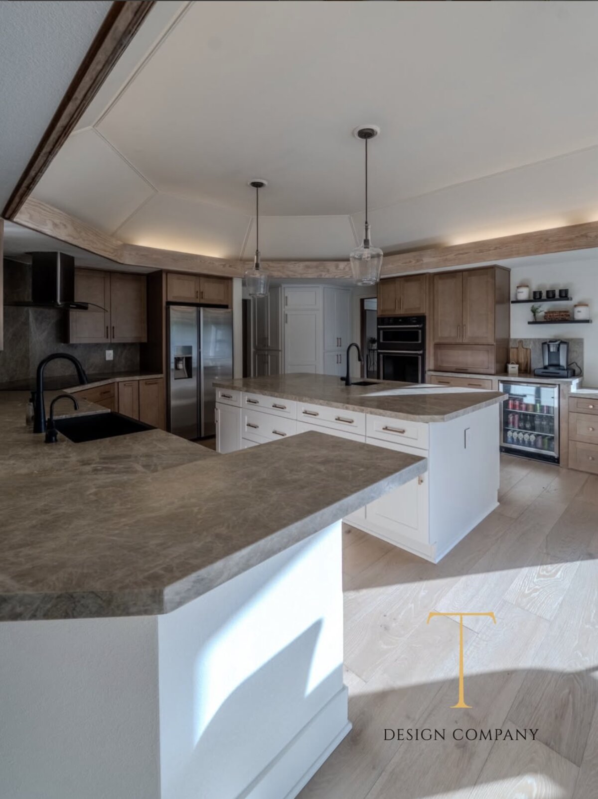 Murrieta estate kitchen after remodel with quartzite countertops and wine fridge