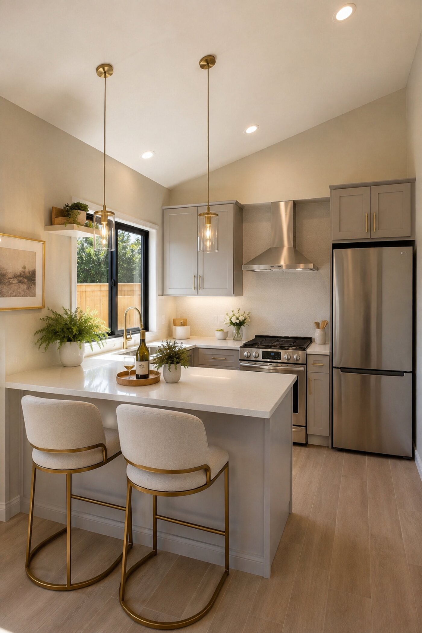 Compact kitchen with brass pendant lights, Temecula, CA