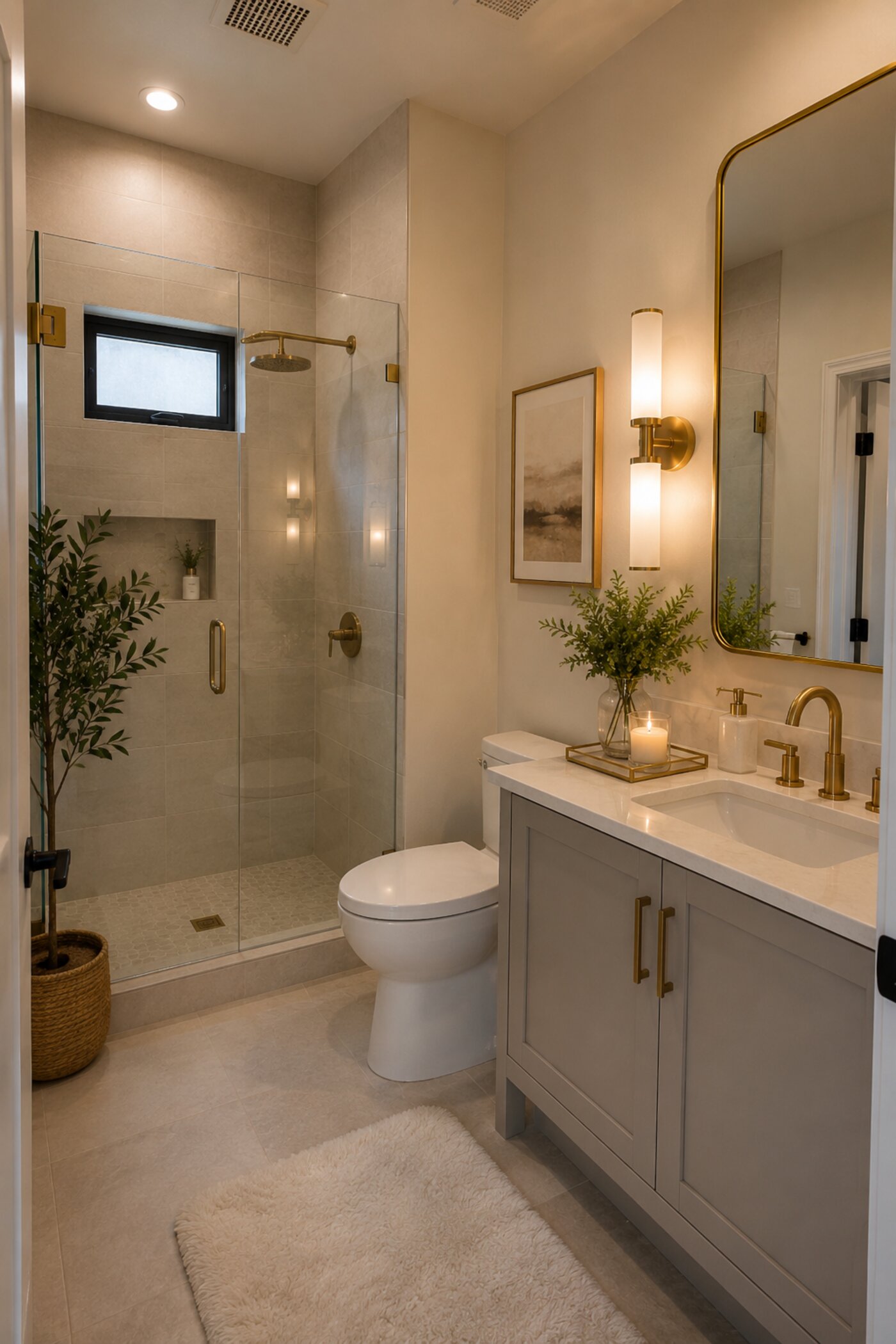 Spa bathroom with quartzite counter and brass fixtures, Temecula, CA