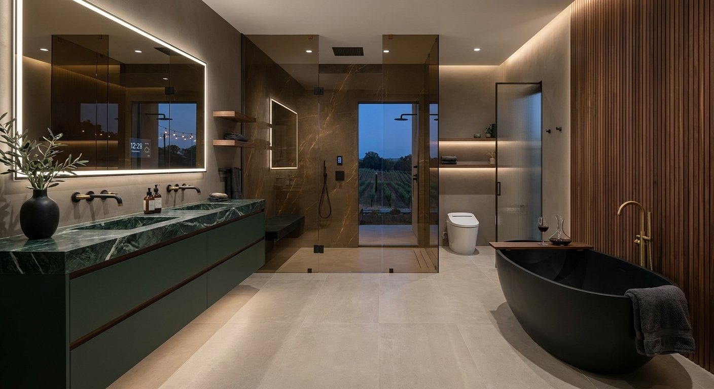 Dark luxe primary bathroom rendering with walnut and marble