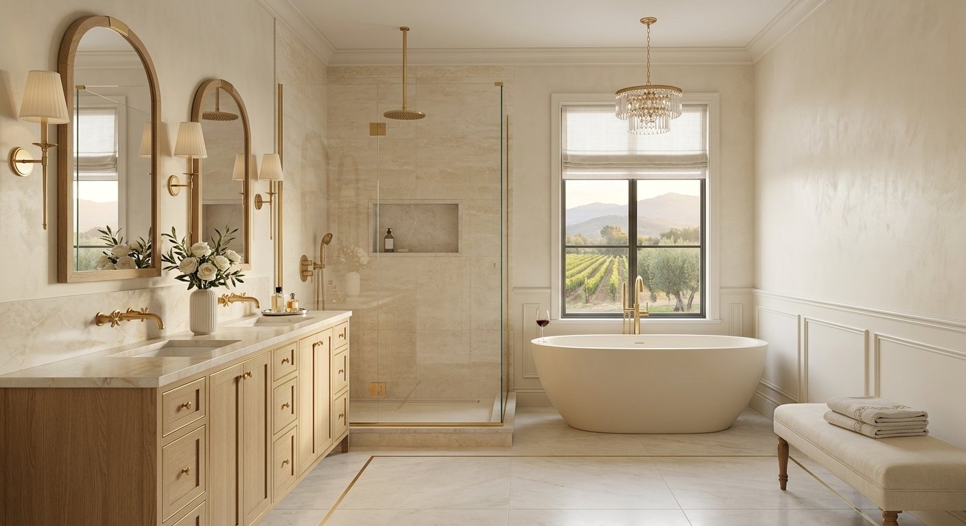 Elegant spa bathroom rendering with soaking tub