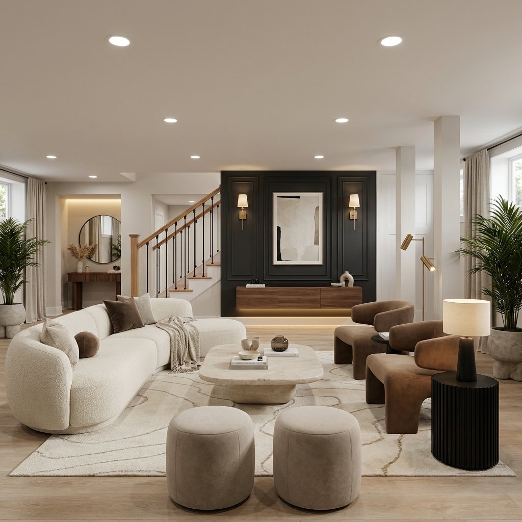 Modern living room rendering with black panelled feature wall and boucle sofa