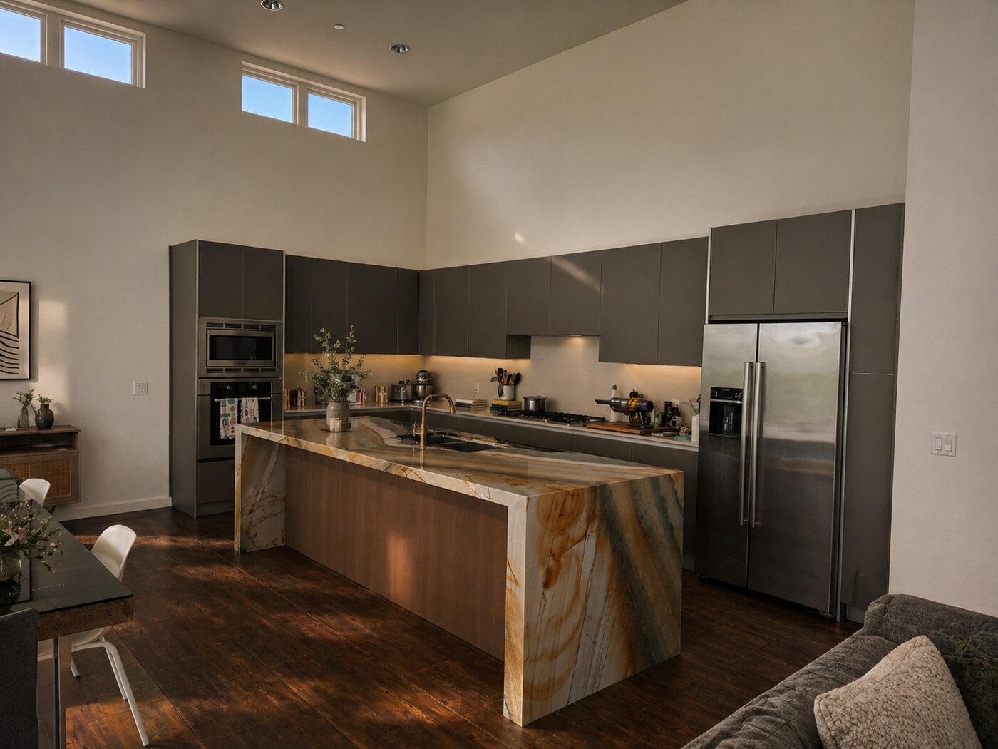 Kitchen remodel with exotic quartzite waterfall island and LVP flooring, Palm Springs, CA