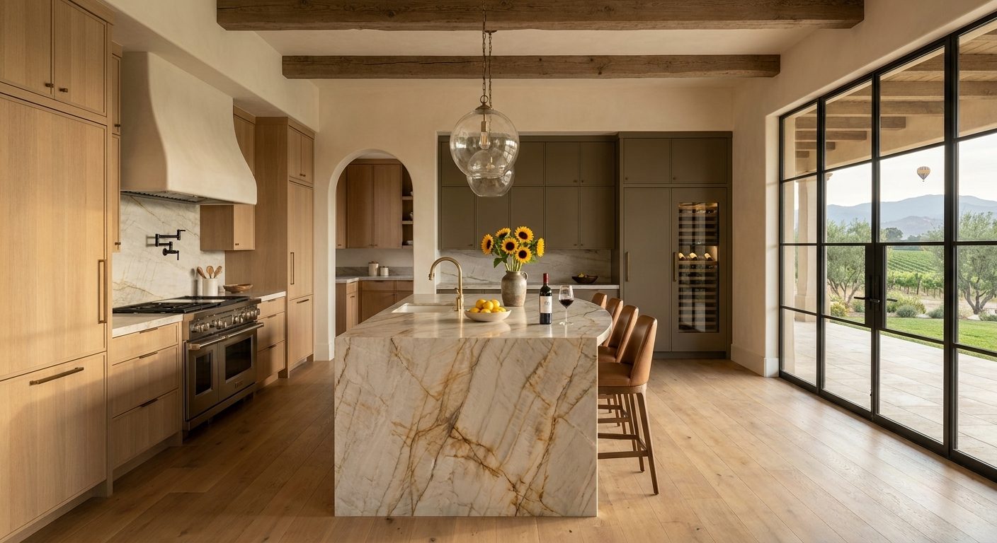 Temecula kitchen rendering with marble waterfall island and steel windows