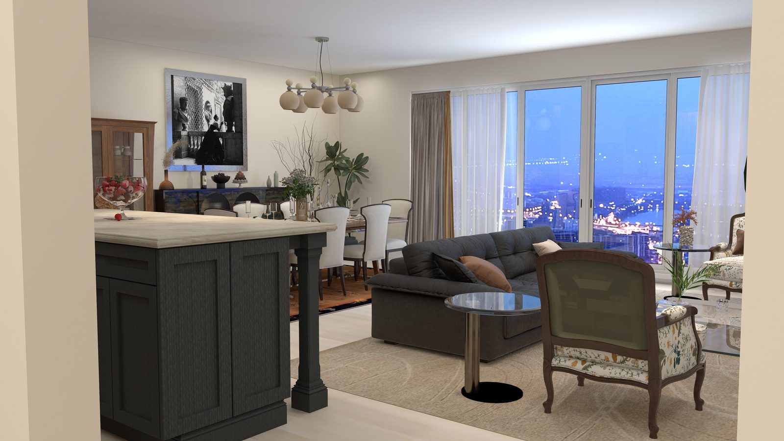 Hillside living room rendering with city view