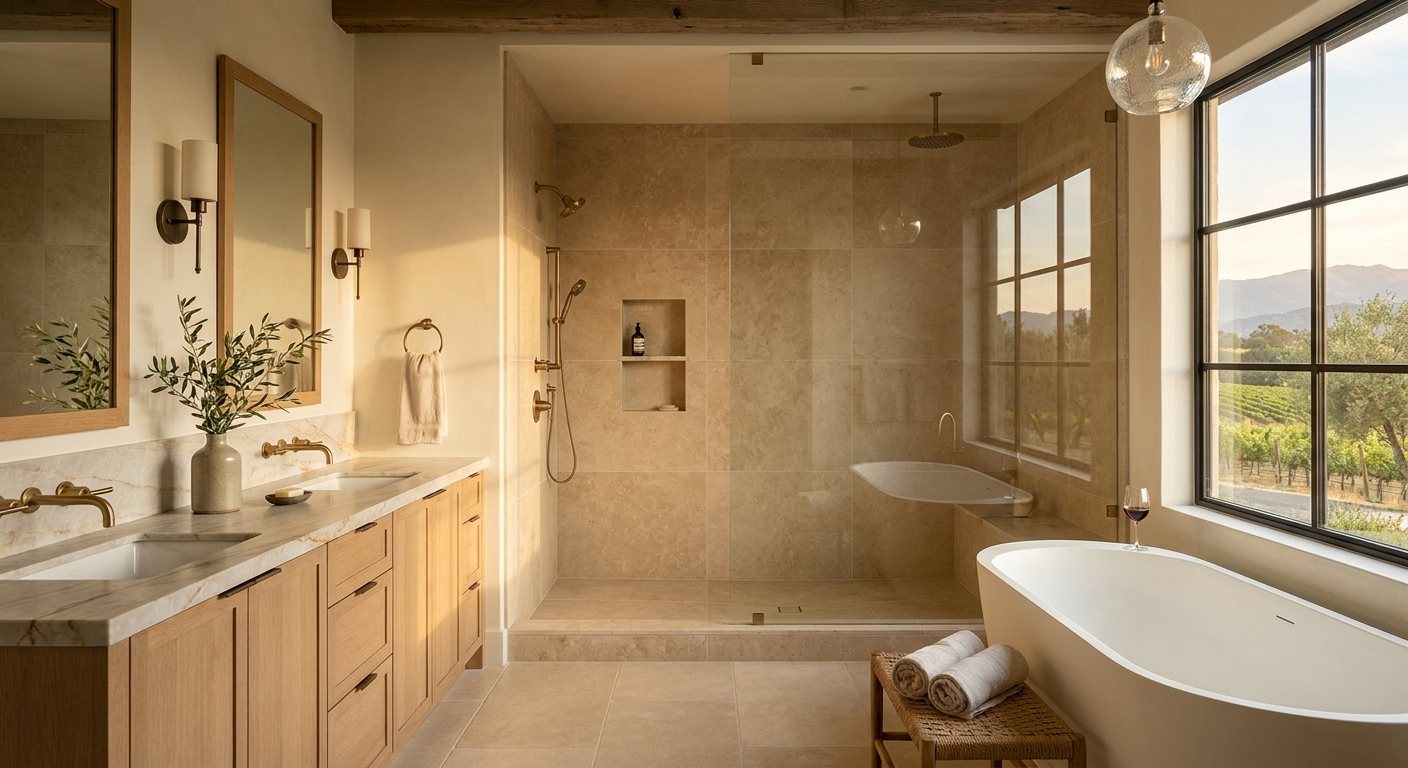 Vineyard view bathroom rendering with freestanding tub