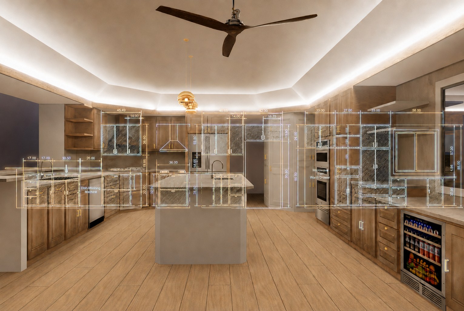 Dimensioned luxury kitchen remodel set showing cabinetry runs, appliance placement, and fixture specifications by Temecula Interior Design